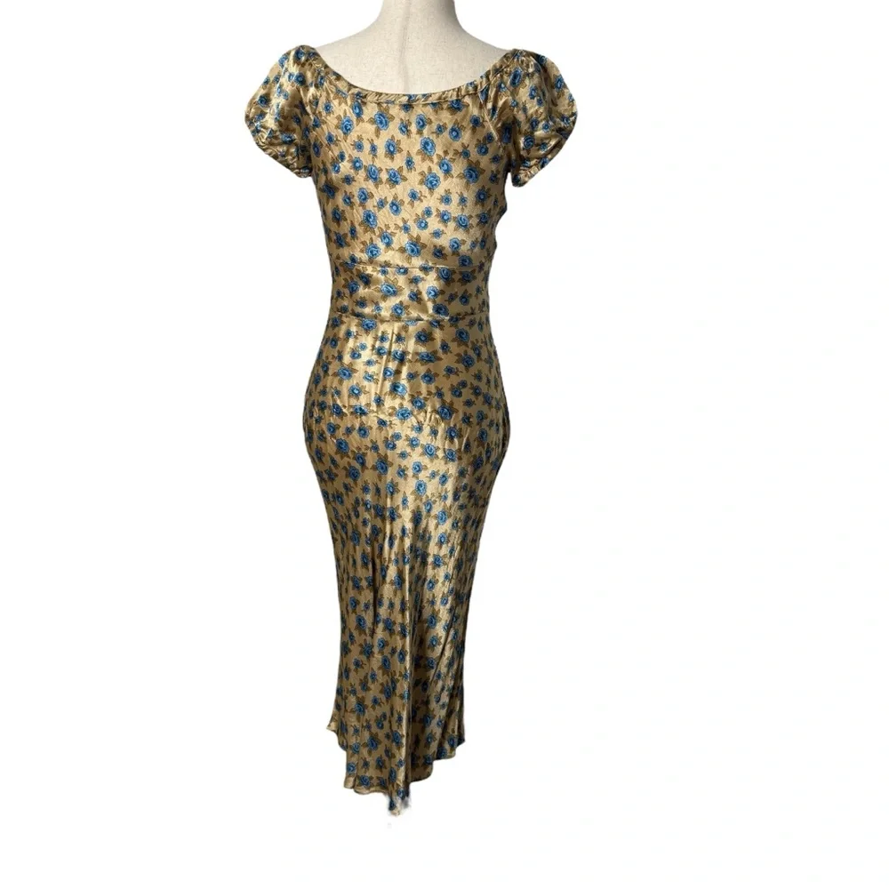 SOLD Vintage Betsey Johnson Satin Rose Print Milkmaid Midi Dress - Picture 6 of 12